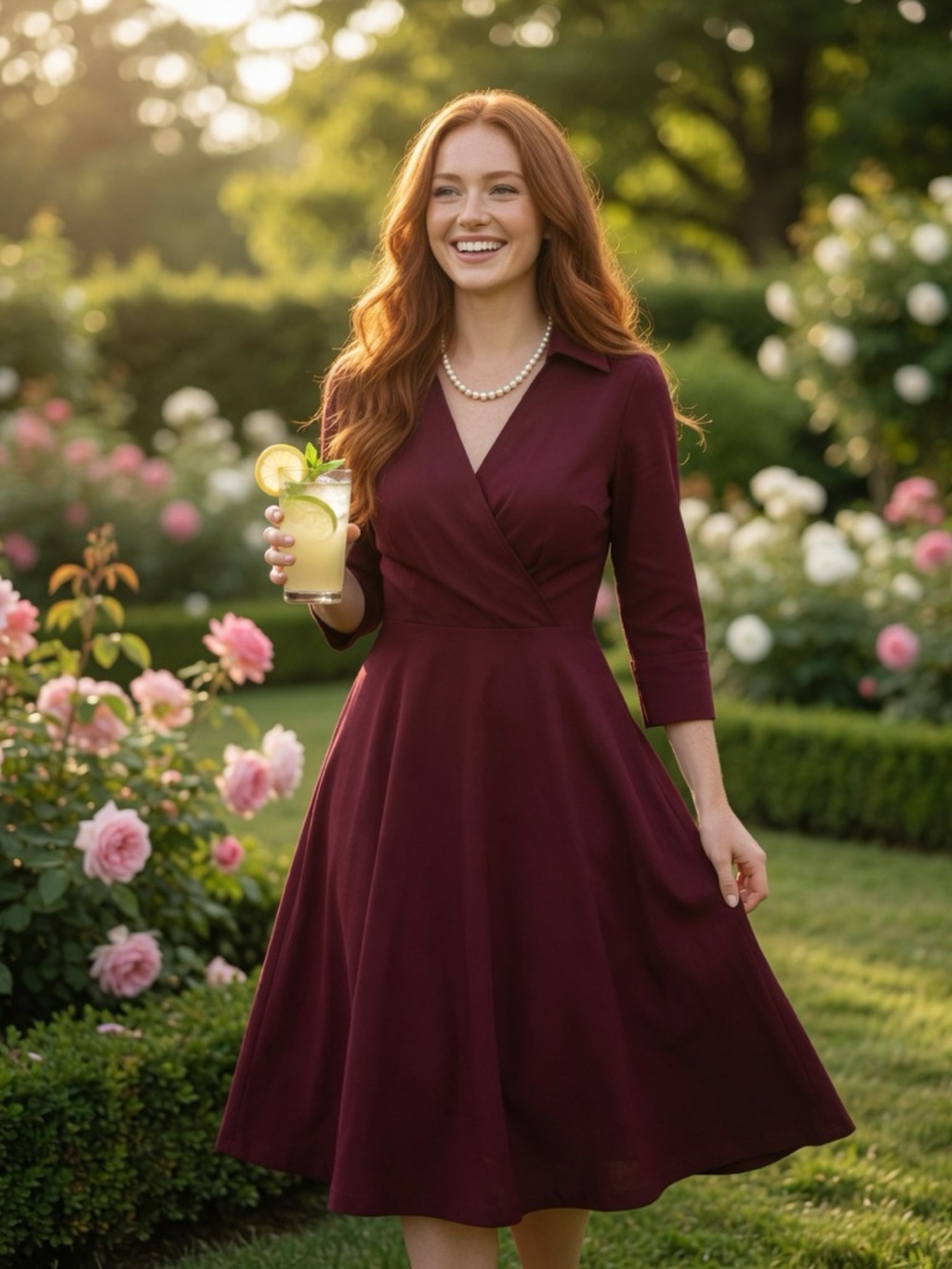 Miusol Burgundy Collared Fit-and-Flare Midi Dress